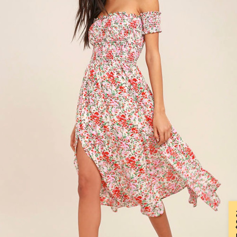 Lulus View From the Meadow Cream Floral Print off the shoulder dress XS